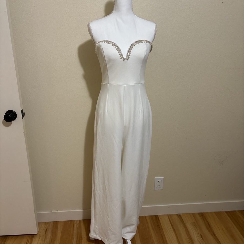 Lulu's White Strapless Jumpsuit with Embellishments